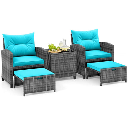 5 Piece Patio Rattan Furniture with 2 Ottomans and Tempered Glass Coffee Table-Turquoise - Turquoise - Patio
