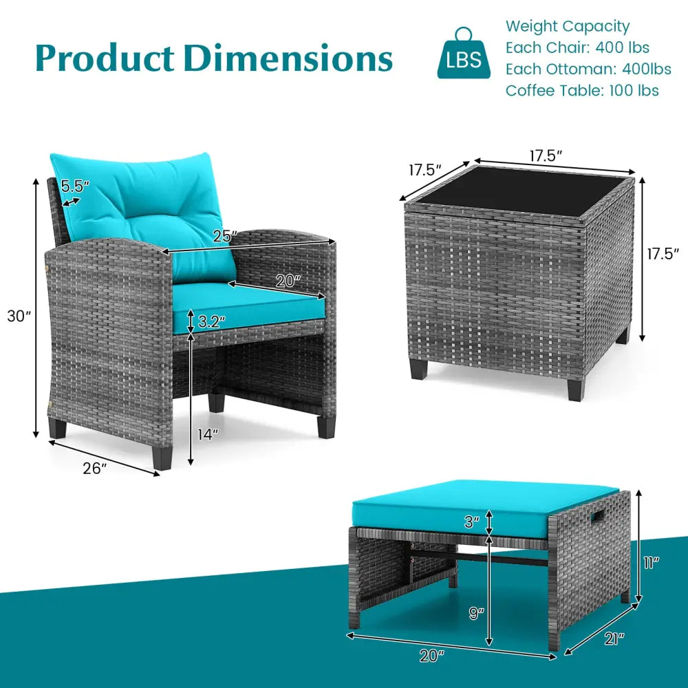 5 Piece Patio Rattan Furniture with 2 Ottomans and Tempered Glass Coffee Table-Turquoise - Turquoise - Patio