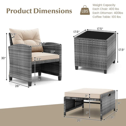 5 Piece Patio Rattan Furniture with 2 Ottomans and Tempered Glass Coffee Table-Beige - Beige - Patio Conversation Sets