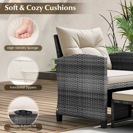 5 Piece Patio Rattan Furniture with 2 Ottomans and Tempered Glass Coffee Table-White - White - Patio Conversation Sets