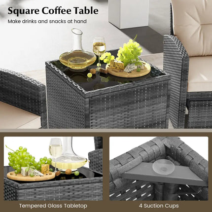5 Piece Patio Rattan Furniture with 2 Ottomans and Tempered Glass Coffee Table-Beige - Beige - Patio Conversation Sets