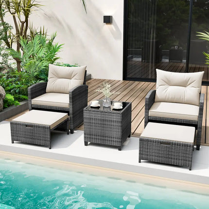 5 Piece Patio Rattan Furniture with 2 Ottomans and Tempered Glass Coffee Table-White - White - Patio Conversation Sets
