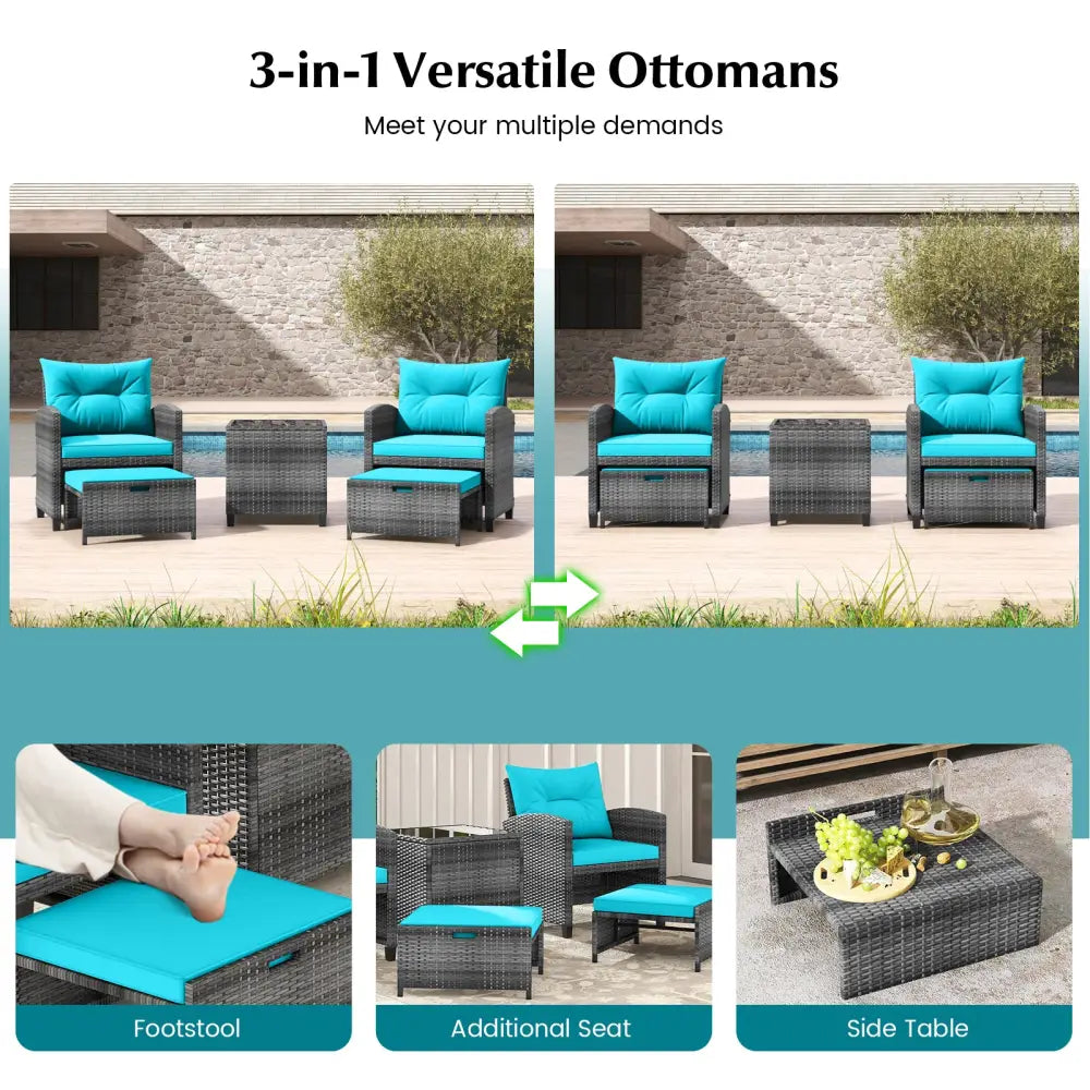 5 Piece Patio Rattan Furniture with 2 Ottomans and Tempered Glass Coffee Table-Turquoise - Turquoise - Patio