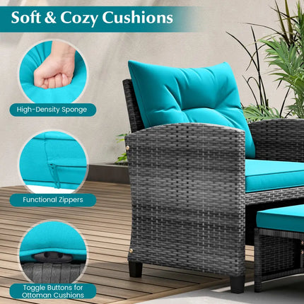 5 Piece Patio Rattan Furniture with 2 Ottomans and Tempered Glass Coffee Table-Turquoise - Turquoise - Patio