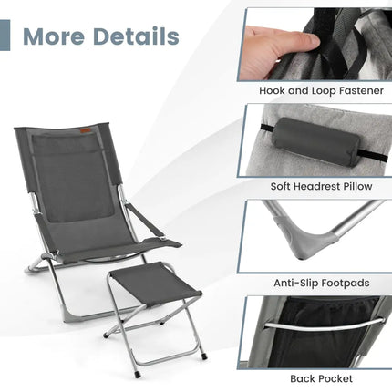 5-Piece Patio Sling Chair Set Folding Lounge Chairs with Footrests and Coffee Table-Gray - Gray - Patio Conversation
