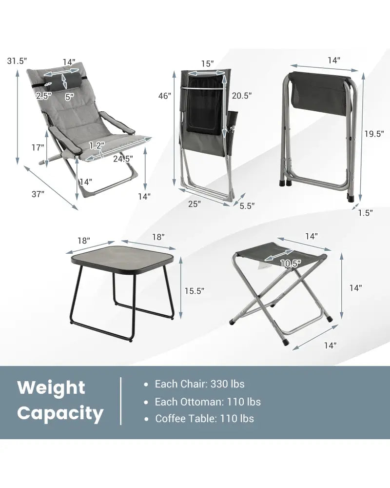5-Piece Patio Sling Chair Set Folding Lounge Chairs with Footrests and Coffee Table-Gray - Gray - Patio Conversation