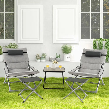 5-Piece Patio Sling Chair Set Folding Lounge Chairs with Footrests and Coffee Table-Gray - Gray - Patio Conversation