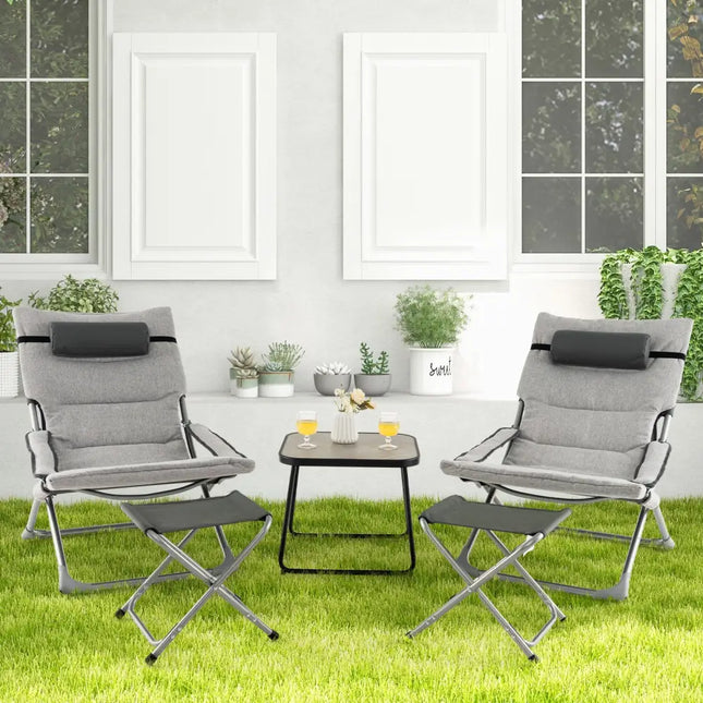 5-Piece Patio Sling Chair Set Folding Lounge Chairs with Footrests and Coffee Table-Gray - Gray - Patio Conversation