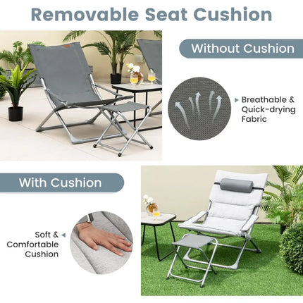 5-Piece Patio Sling Chair Set Folding Lounge Chairs with Footrests and Coffee Table-Gray - Gray - Patio Conversation