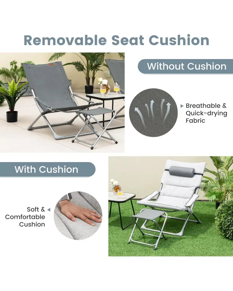 5-Piece Patio Sling Chair Set Folding Lounge Chairs with Footrests and Coffee Table-Gray - Gray - Patio Conversation
