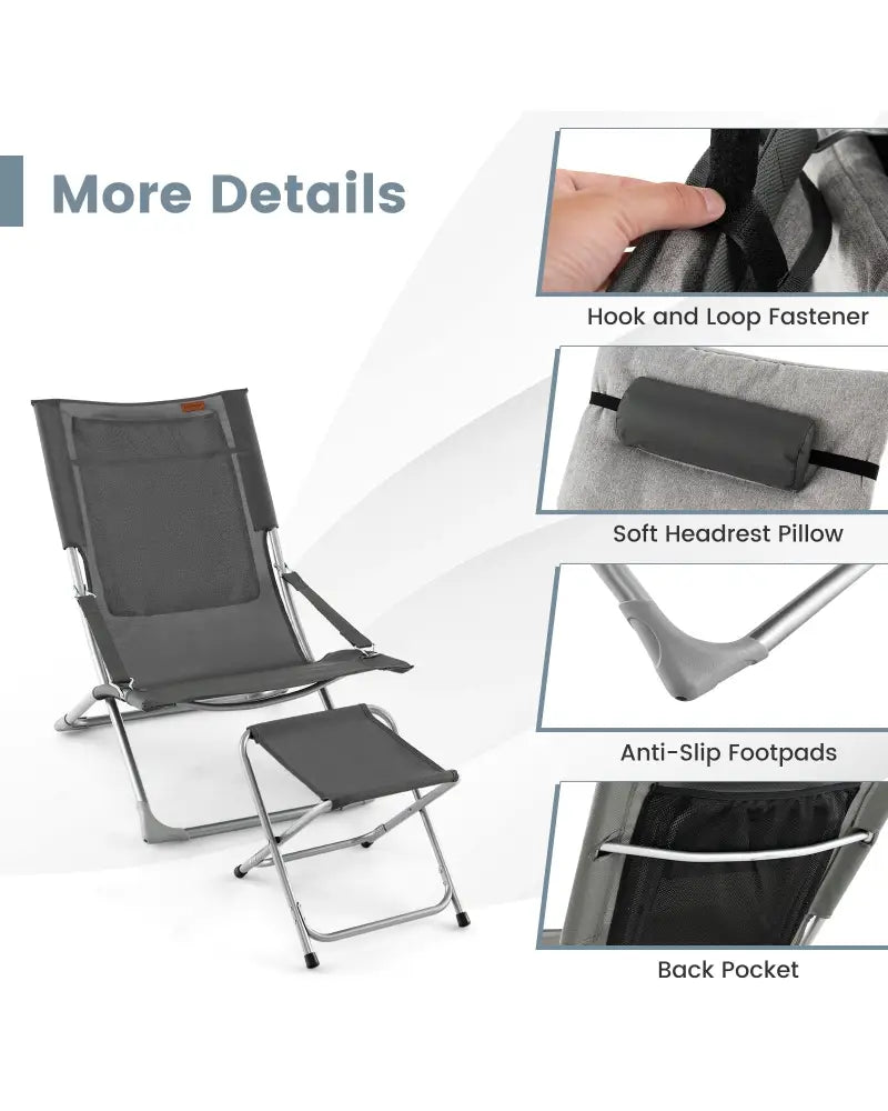5-Piece Patio Sling Chair Set Folding Lounge Chairs with Footrests and Coffee Table-Gray - Gray - Patio Conversation