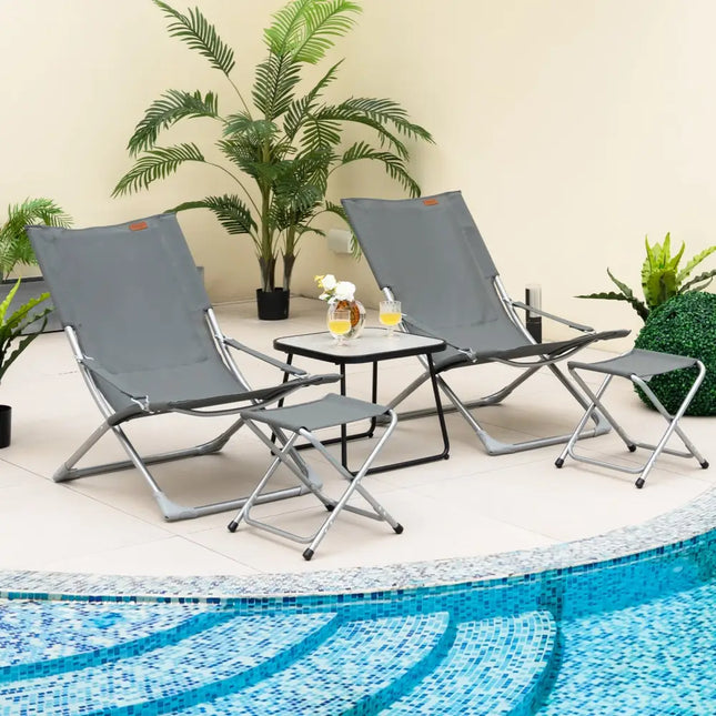 5-Piece Patio Sling Chair Set Folding Lounge Chairs with Footrests and Coffee Table-Gray - Gray - Patio Conversation