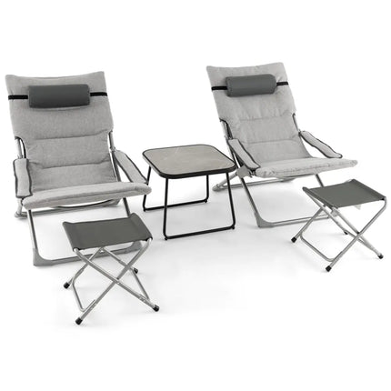 5-Piece Patio Sling Chair Set Folding Lounge Chairs with Footrests and Coffee Table-Gray - Gray - Patio Conversation