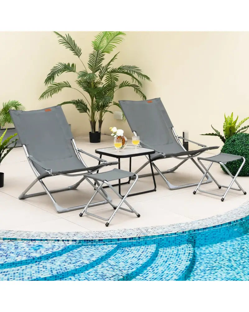 5-Piece Patio Sling Chair Set Folding Lounge Chairs with Footrests and Coffee Table-Gray - Gray - Patio Conversation