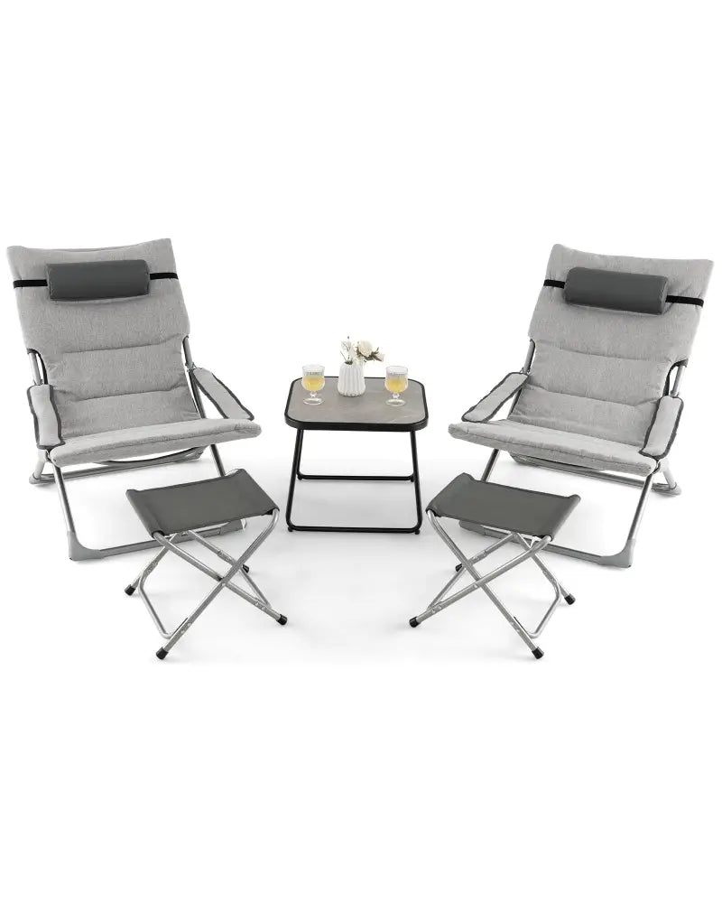 5-Piece Patio Sling Chair Set Folding Lounge Chairs with Footrests and Coffee Table-Gray - Gray - Patio Conversation