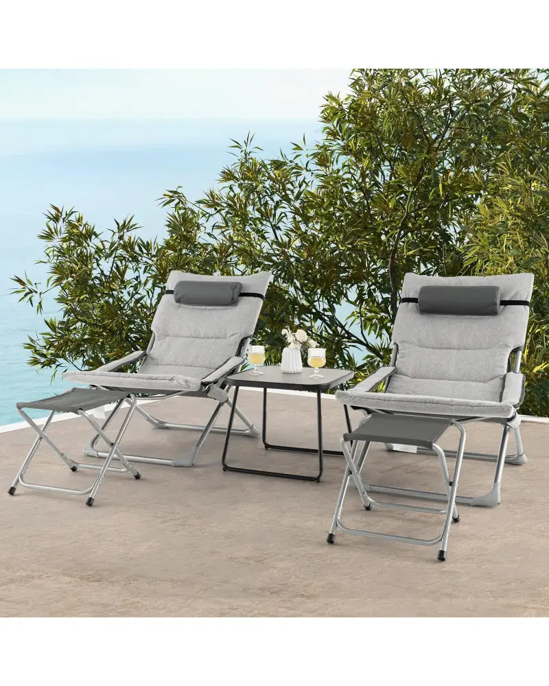 5-Piece Patio Sling Chair Set Folding Lounge Chairs with Footrests and Coffee Table-Gray - Gray - Patio Conversation