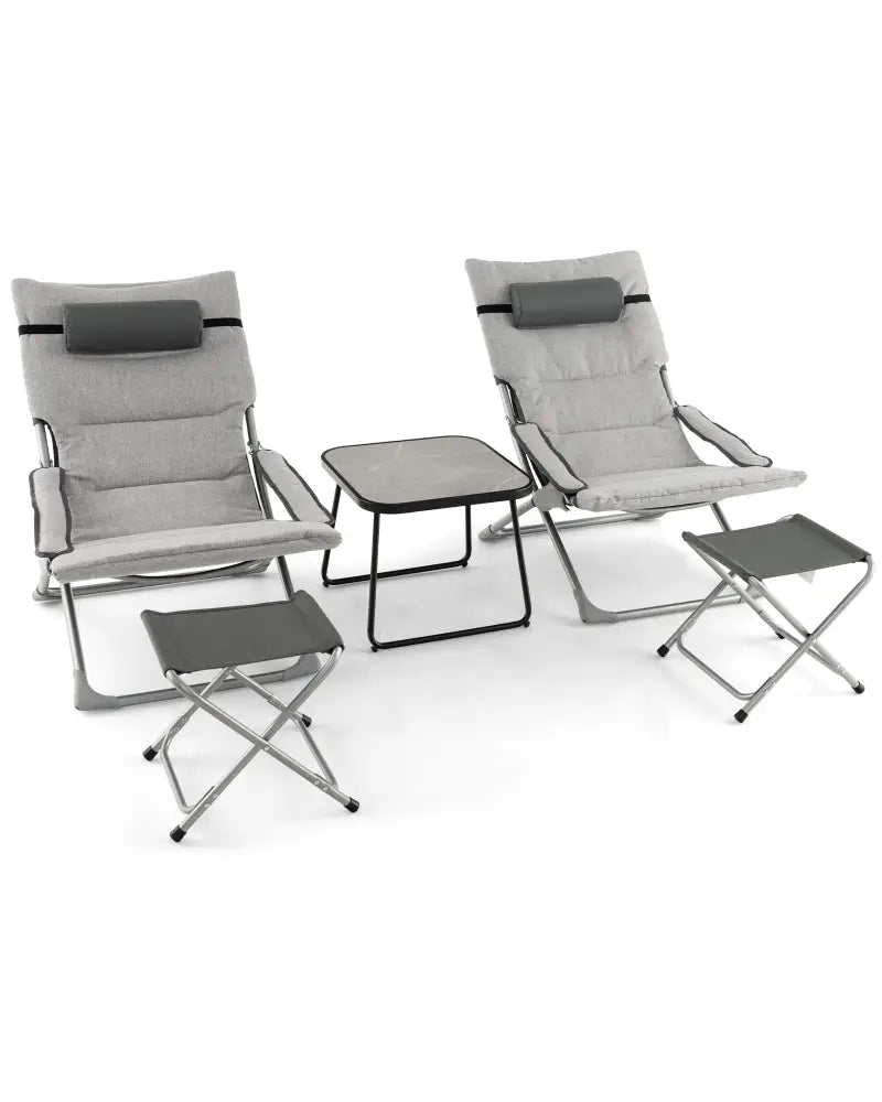5-Piece Patio Sling Chair Set Folding Lounge Chairs with Footrests and Coffee Table-Gray - Gray - Patio Conversation