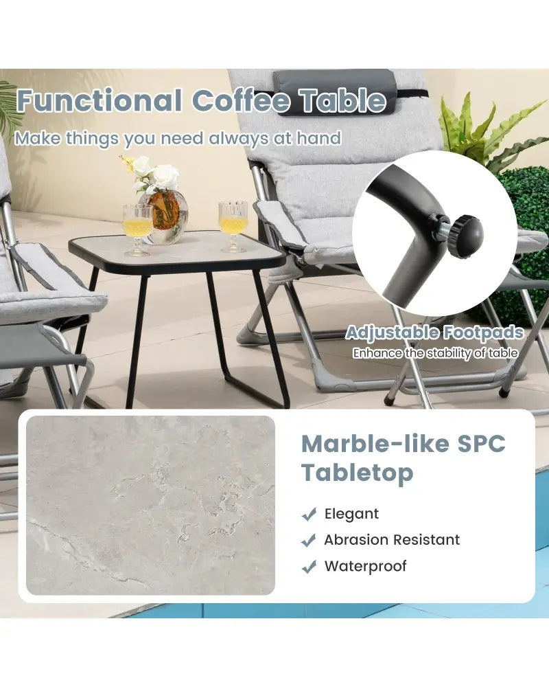 5-Piece Patio Sling Chair Set Folding Lounge Chairs with Footrests and Coffee Table-Gray - Gray - Patio Conversation