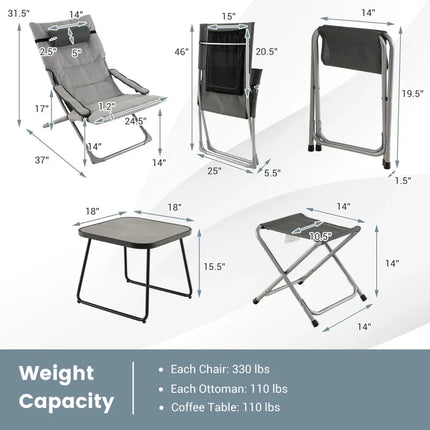 5-Piece Patio Sling Chair Set Folding Lounge Chairs with Footrests and Coffee Table-Gray - Gray - Patio Conversation