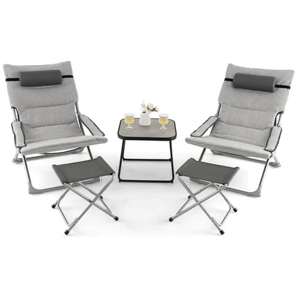 5-Piece Patio Sling Chair Set Folding Lounge Chairs with Footrests and Coffee Table-Gray - Gray - Patio Conversation