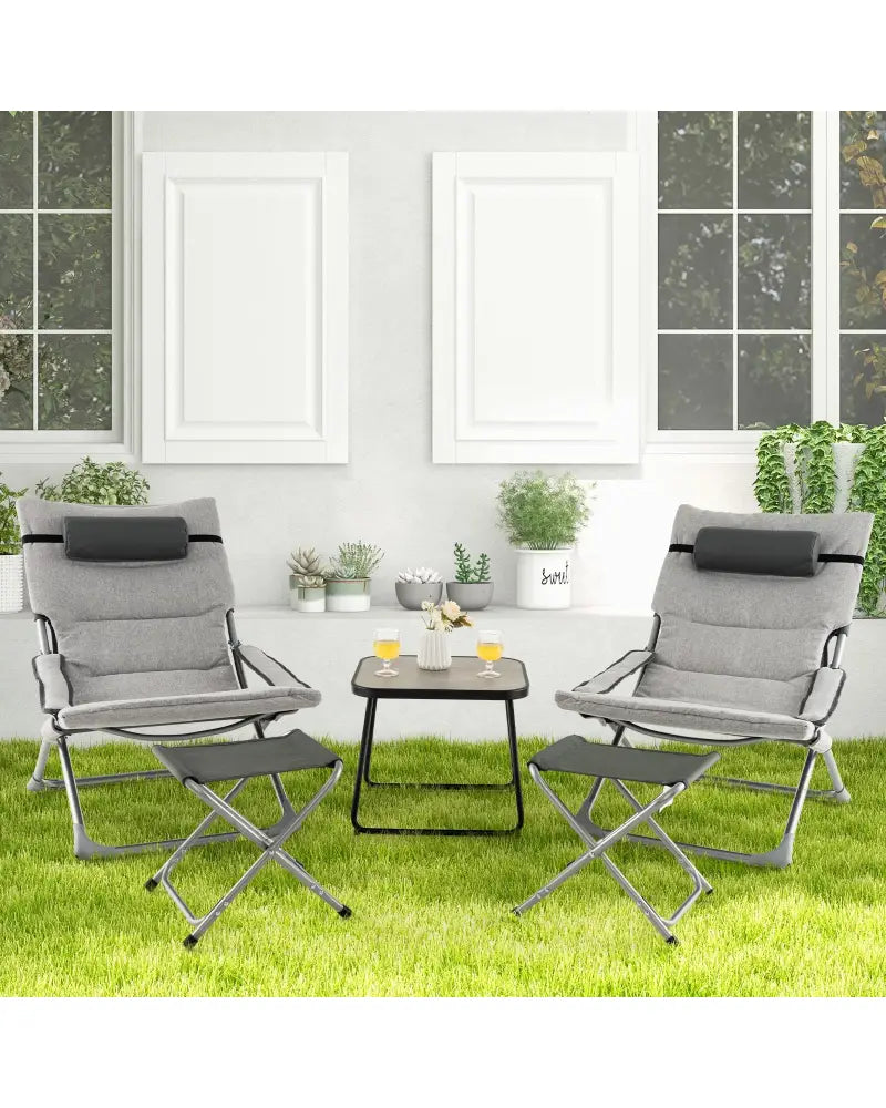 5-Piece Patio Sling Chair Set Folding Lounge Chairs with Footrests and Coffee Table-Gray - Gray - Patio Conversation