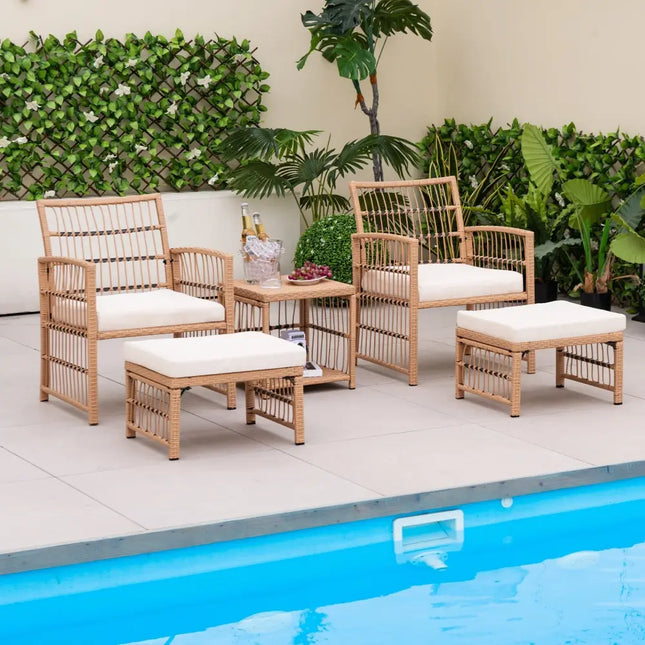 5 Piece Patio Wicker Sofa Set with Seat and Back Cushions-Natural - Natural - Patio Conversation Sets