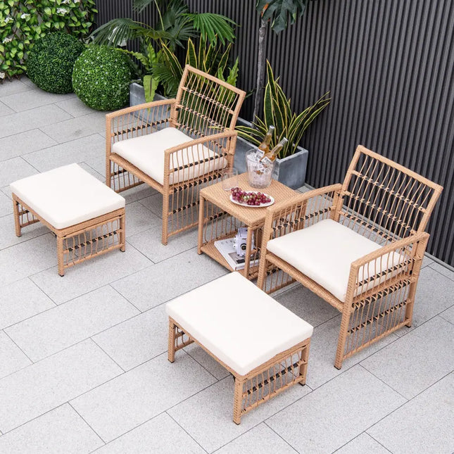5 Piece Patio Wicker Sofa Set with Seat and Back Cushions-Natural - Natural - Patio Conversation Sets
