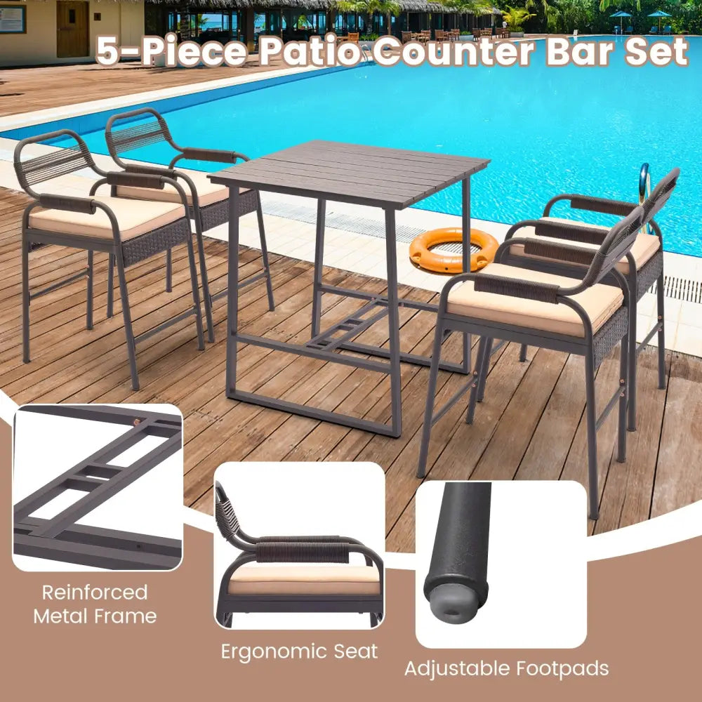5 Piece Rattan Counter Set with 4 Stools and Polywood Bar Table-Brown - Brown - Patio Bar Furniture