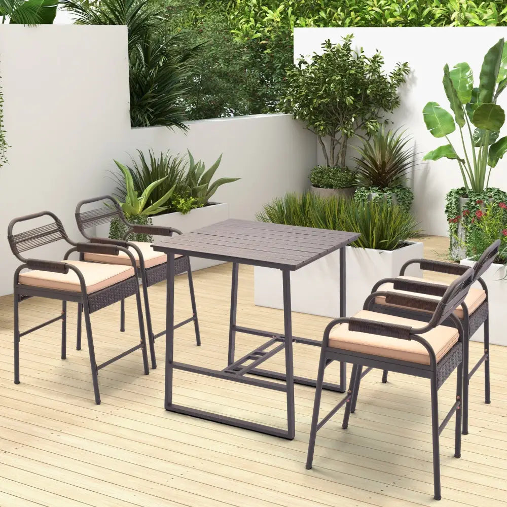 5 Piece Rattan Counter Set with 4 Stools and Polywood Bar Table-Brown - Brown - Patio Bar Furniture