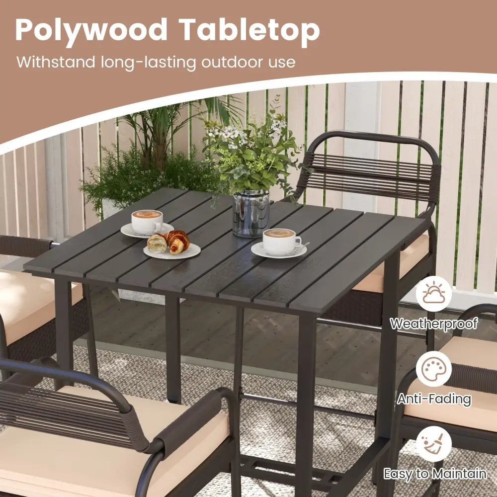 5 Piece Rattan Counter Set with 4 Stools and Polywood Bar Table-Brown - Brown - Patio Bar Furniture