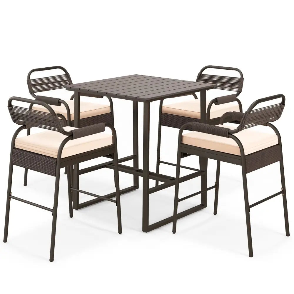 5 Piece Rattan Counter Set with 4 Stools and Polywood Bar Table-Brown - Brown - Patio Bar Furniture