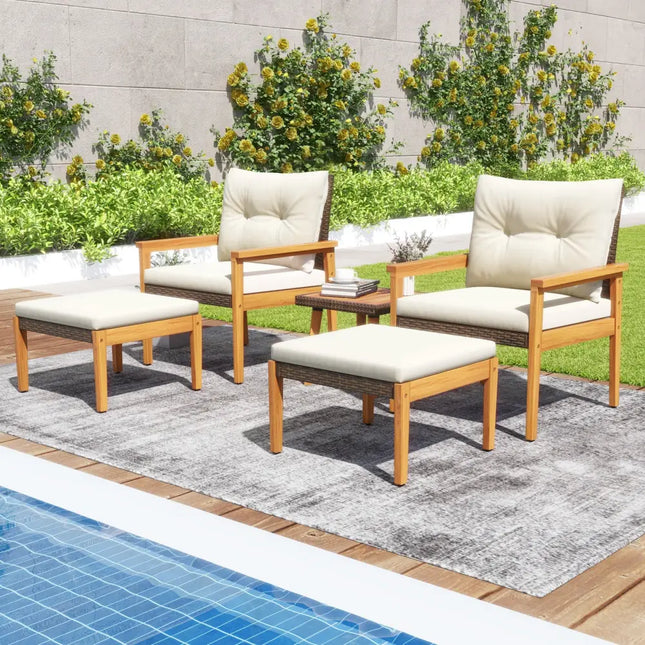 5 Piece Rattan Furniture Set with Square Coffee Table-White - White - Patio Conversation Sets