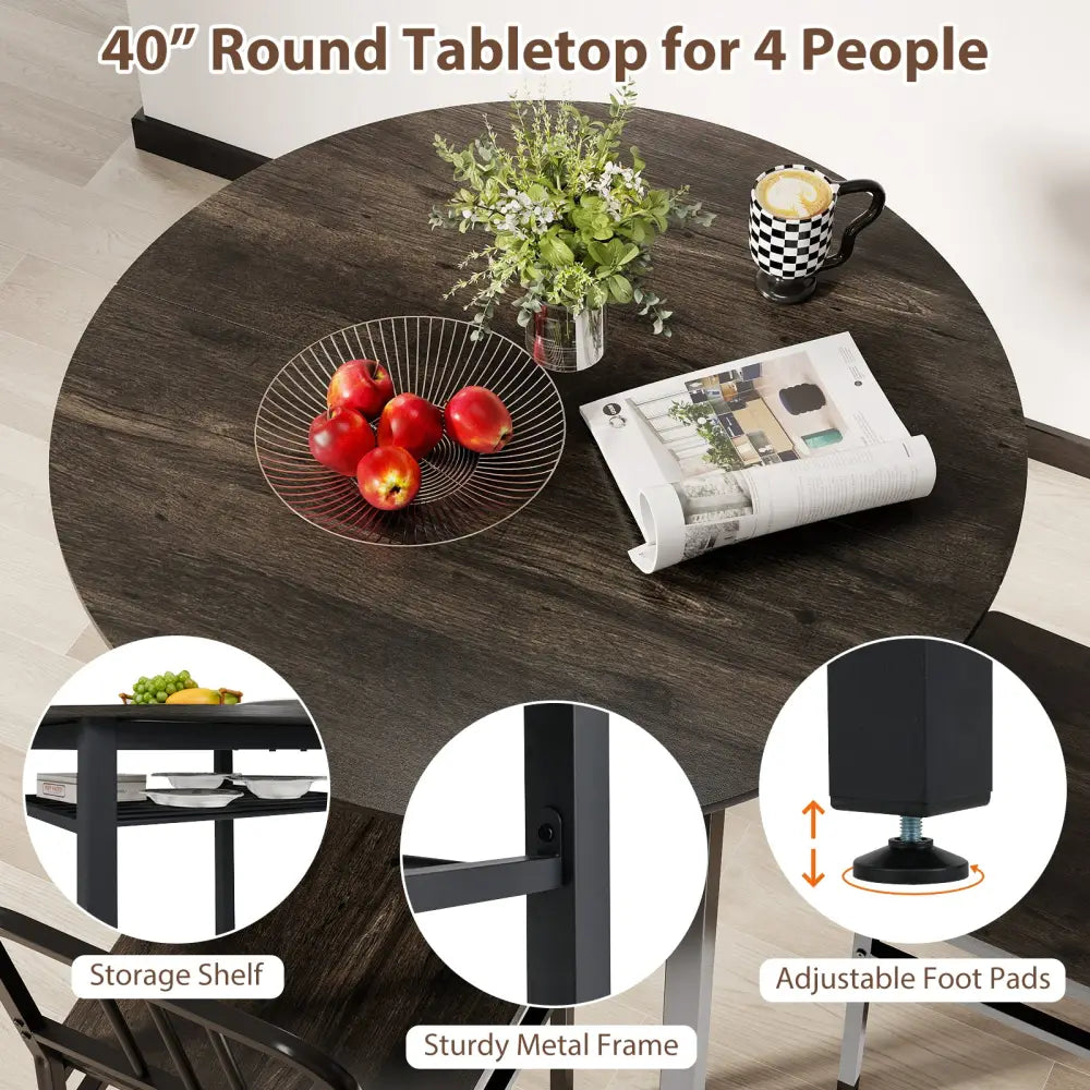 5-Piece Round Dining Table Set with Storage Shelf for Dining Room-Gray - Gray - Dining Room Sets