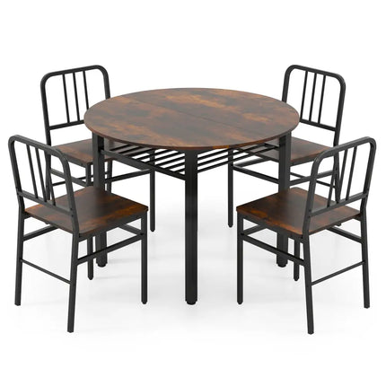 5-Piece Round Dining Table Set with Storage Shelf for Dining Room-Rustic Brown Costway