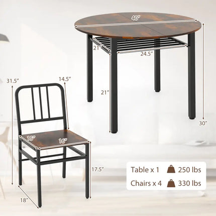5-Piece Round Dining Table Set with Storage Shelf for Dining Room-Rustic Brown Costway
