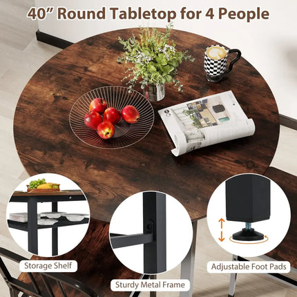 5-Piece Round Dining Table Set with Storage Shelf for Dining Room-Rustic Brown Costway