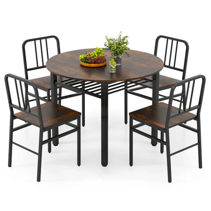 5-Piece Round Dining Table Set with Storage Shelf for Dining Room-Rustic Brown Costway
