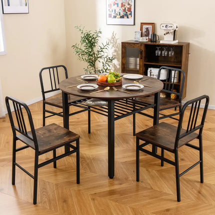 5-Piece Round Dining Table Set with Storage Shelf for Dining Room-Rustic Brown Costway