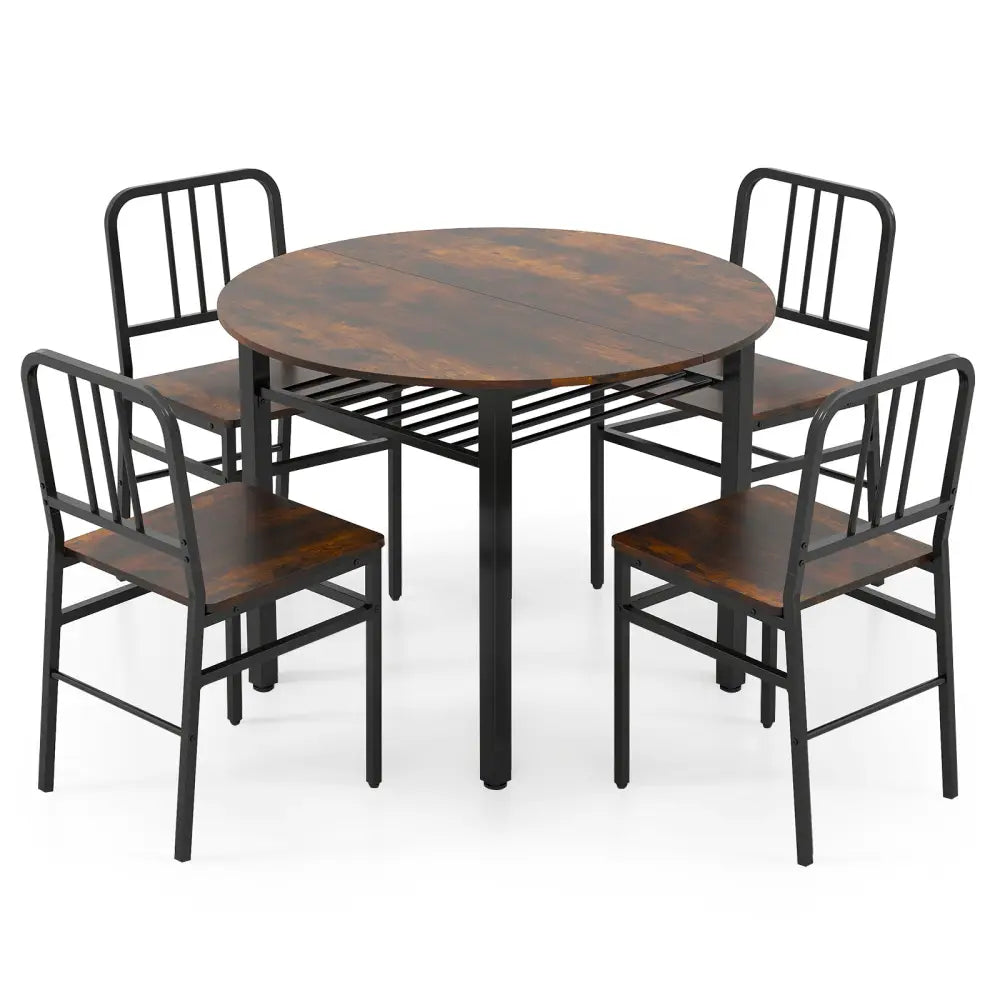 5-Piece Round Dining Table Set with Storage Shelf for Dining Room-Rustic Brown - Rustic Brown - Dining Room Sets