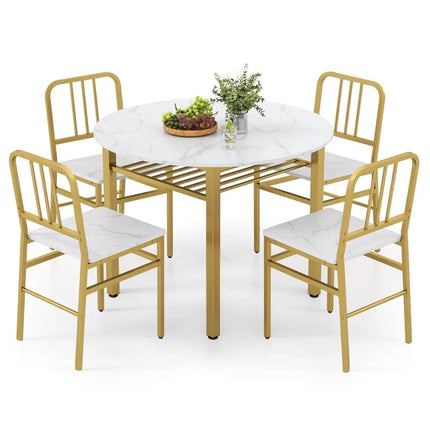 5-Piece Round Dining Table Set with Storage Shelf for Dining Room-White Costway