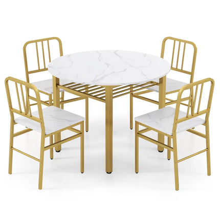 5-Piece Round Dining Table Set with Storage Shelf for Dining Room-White Costway