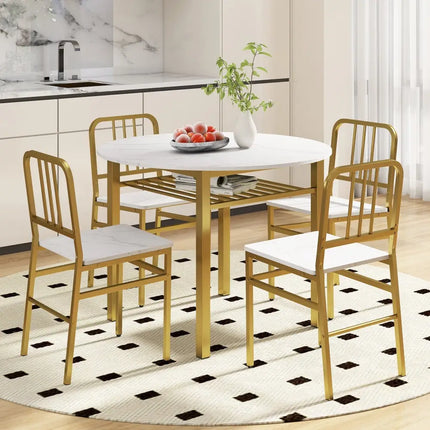 5-Piece Round Dining Table Set with Storage Shelf for Dining Room-White Costway