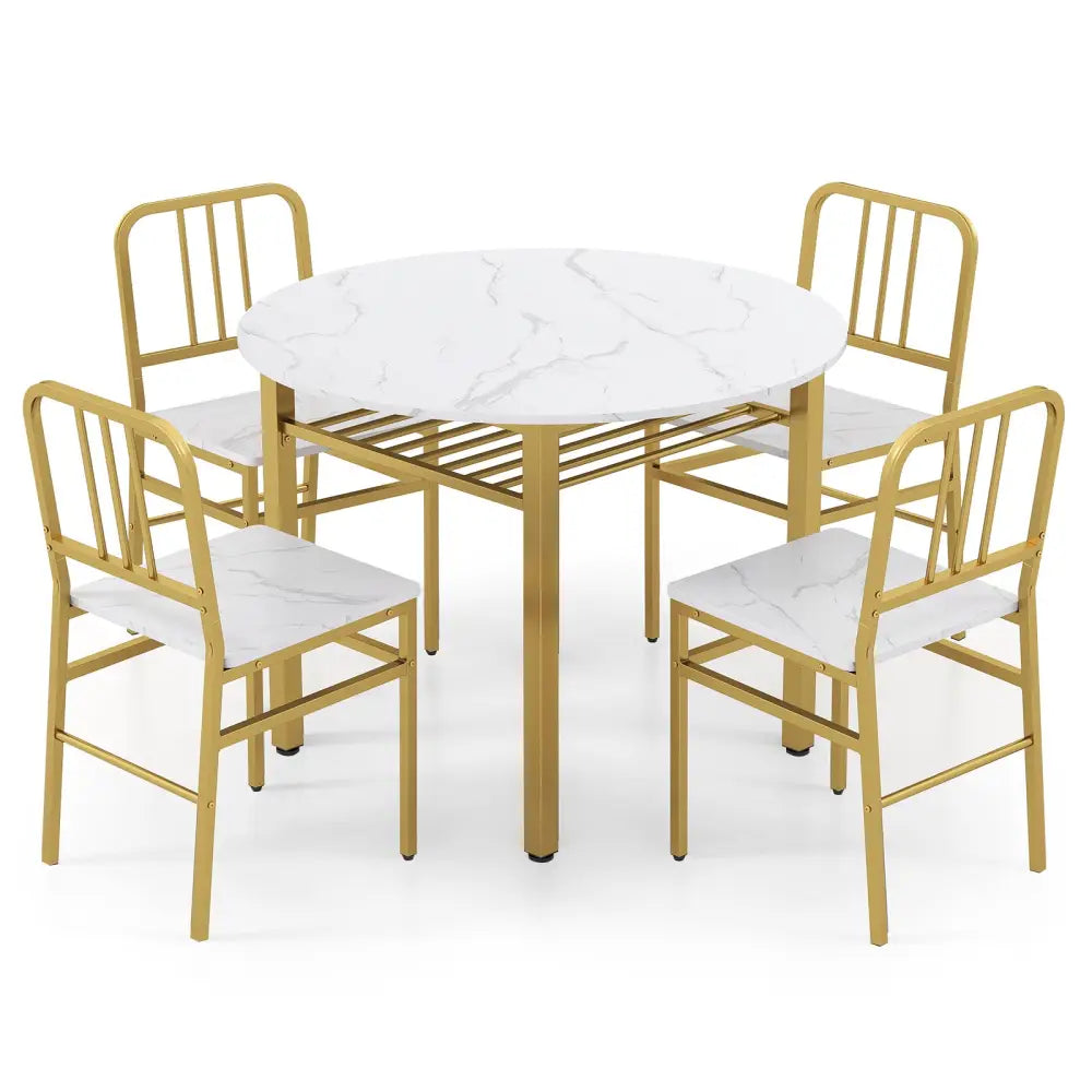 5-Piece Round Dining Table Set with Storage Shelf for Dining Room-White - White - Dining Room Sets