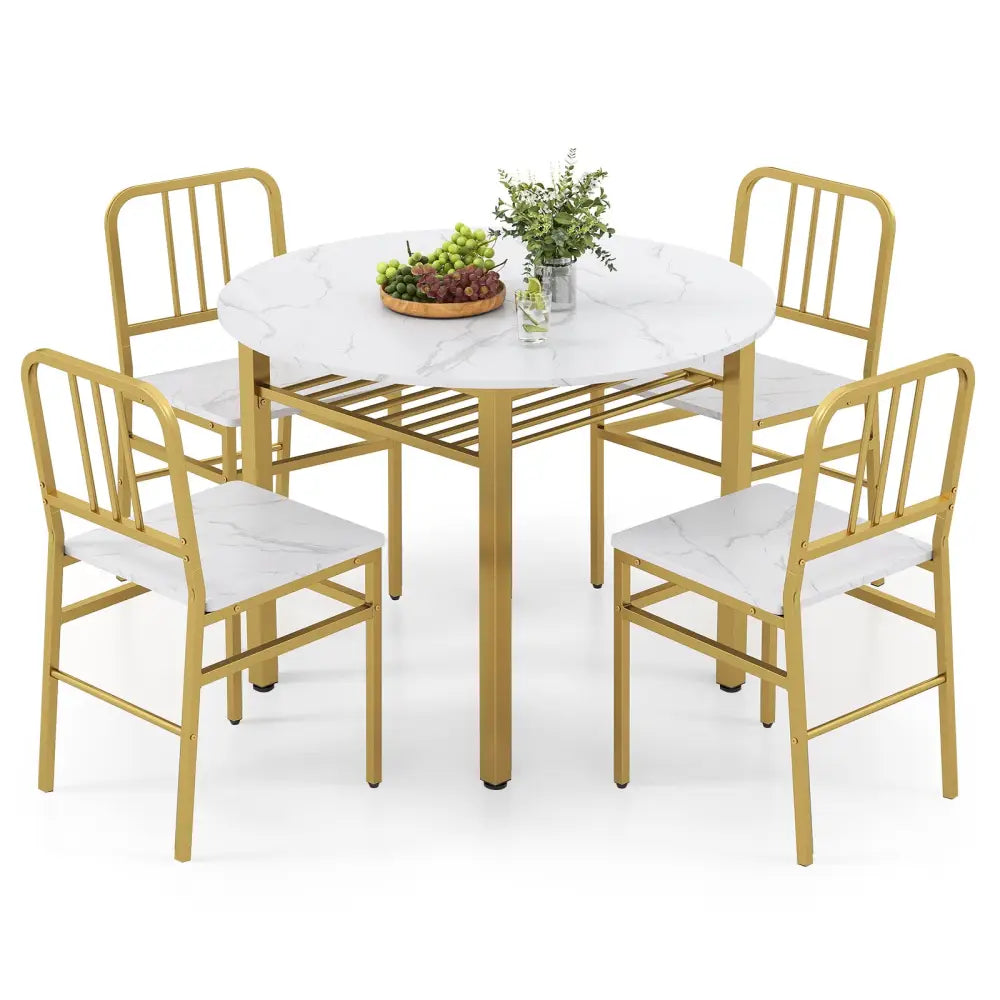 5-Piece Round Dining Table Set with Storage Shelf for Dining Room-White - White - Dining Room Sets