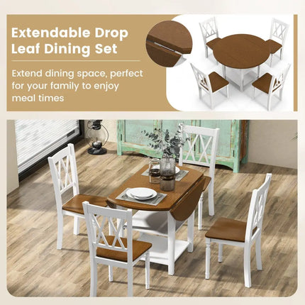 5 Piece Round Kitchen Dining Set with Drop Leaf Table Top Costway