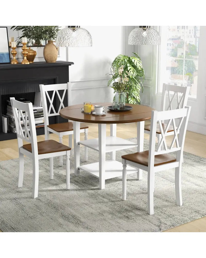 5 Piece Round Kitchen Dining Set with Drop Leaf Table Top - Walnut & Gray - Dining Room Sets