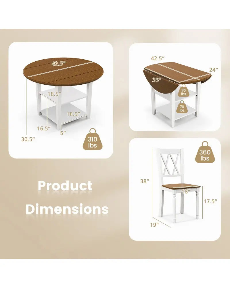 5 Piece Round Kitchen Dining Set with Drop Leaf Table Top - Walnut & Gray - Dining Room Sets