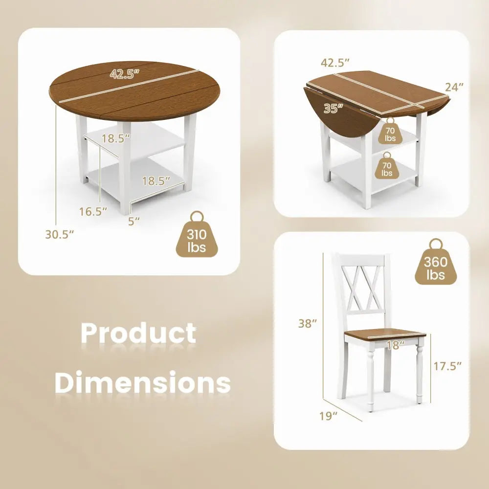 5 Piece Round Kitchen Dining Set with Drop Leaf Table Top - Walnut & Gray - Dining Room Sets
