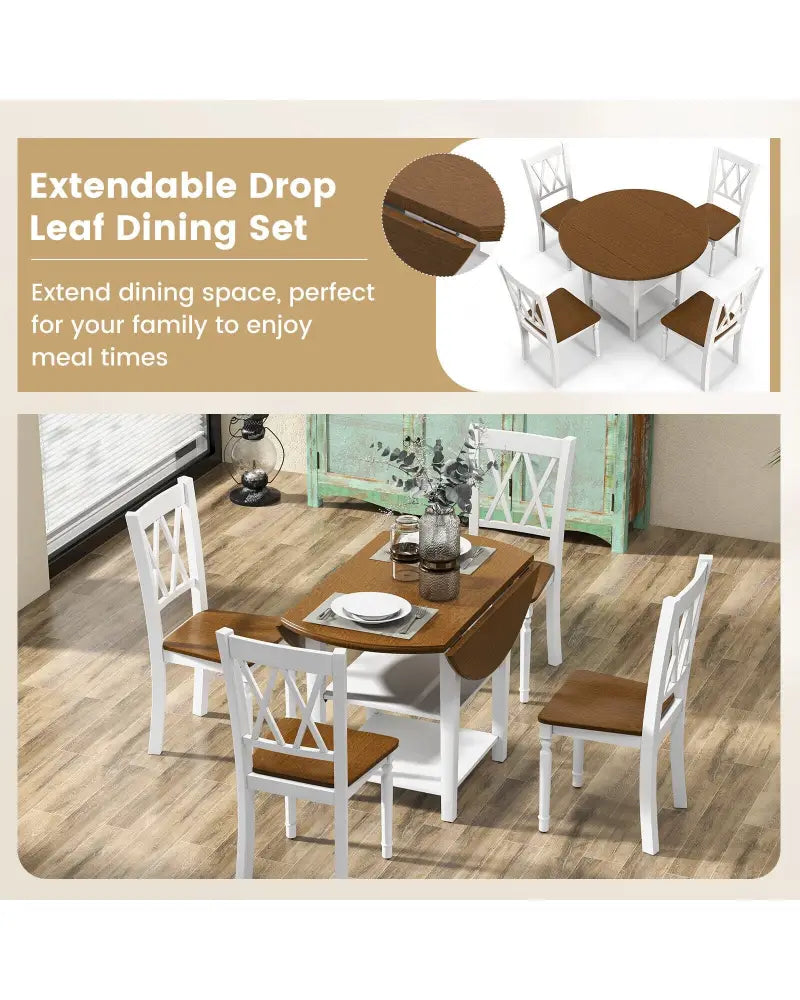 5 Piece Round Kitchen Dining Set with Drop Leaf Table Top - Walnut & Gray - Dining Room Sets