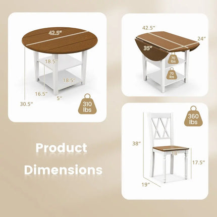 5 Piece Round Kitchen Dining Set with Drop Leaf Table Top Costway